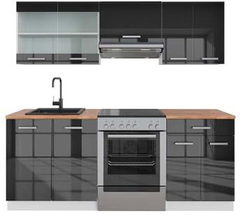 Vicco Küchenzeile R-Line, Küchenblock, Anthrazit Hochglanz/Weiß, 200 cm, AP Eiche