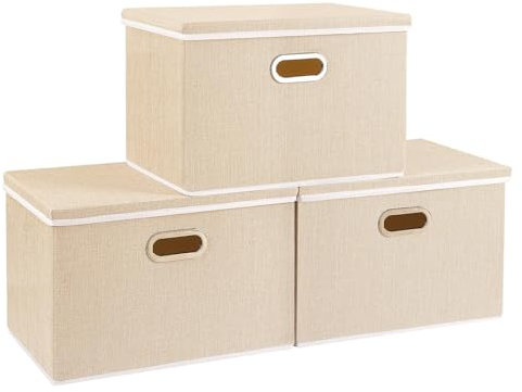 Yawinhe 3 Stück Aufbewahrungsboxen mit Deckel, Faltbare Stoffbox mit Griffen, Boxen Aufbewahrung, für Schlafzimmer, Kleideraufbewahrung, 45x30x30cm, Beige, SNK023BEX-3