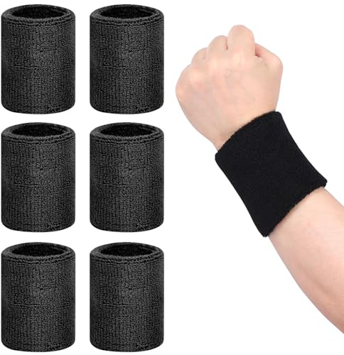 6 PCS Sweat Bands Wristbands, Unisex Super Absorbent Sweatband Elastic Sport Wrist Sweat Bands, Reusable Wristbands for Exercise, Tennis, Running, Basketball (6PCS-Black)