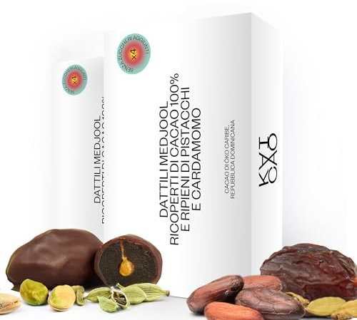 Kaicao Datteri Medjool Ripieni di Pistacchio e Cardamomo, Ricoperti di Cioccolato 100% Cacao Oko - Senza Zuccheri Aggiunti - Snack Salutare - Confezione da 8 Datteri