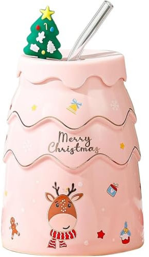 MAGICVOGEL Ceramic Christmas Mug with Straw and Lid Cute 3D Christmas Tree Shape Coffee Cup Christmas Cup Gift Drinking Cup for Christmas New Year Birthday (Pink)