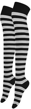 Alanna Jones Women Ladies Girls Stripe Cotton Rich Over the Knee High Socks Stripe Thigh Socks Leg Warmer for Casual Daily Wear UK Size 4-6.5 (Black White)