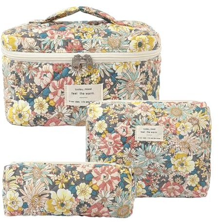 Kosmetiktasche Damen Reise Make Up Tasche, 3 Stück Große Baumwolle Kulturtasche Make-Up Organizer Tasche Cosmetic Bag mit Blumenmuster für Kosmetik Kosmetikartikel (Nanzhi Blume)