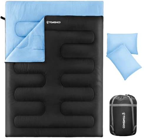 TOMSHOO Doppelschlafsack, Wasserdicht und Tragbarer Schlafsack 2 Personen mit 2 Kissen und 1 Tragetasche, Angenehme Temperatur, für Camping, Rucksackreisen, Wandern, mehr