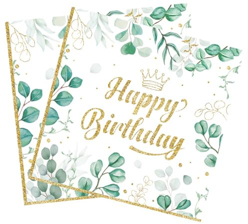 40 Stück Servietten Geburtstag - Happy Birthday Kinder Mann Frau, Servietten Eukalyptus Grün Salbeigrün Papierservietten, Für Party Kindergeburtstag