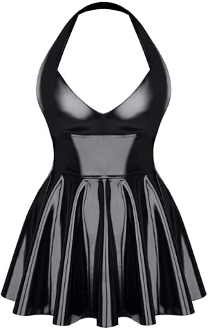 Schwarzes Kinky Lack-Kleid mit freiem Dekolleté, elastischem Gummiband am Hals und praktischem Reißverschluss auf der Rückseiteschwarzes Lack Miniklied TDSvenja001von Demoniq 4XL