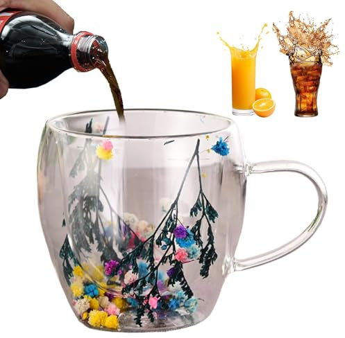 Sghtil Tazza di a doppia parete con fiori secchi, tazze da caffè a fiori estetici, tazze da latte per essiccate a doppia parete, tazze da caffè in a doppia parete con fiori secchi