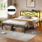 DICTAC Lit Double 140x190 en Métal, Lits avec tête LED et 2Ports USB et Prise de Courant, Cadre de lit sommier 140x190 en métal avec Étagères de Rangement, 32cm Espace de Rangement,Marron Vintage