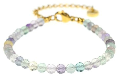 Echtes Regenbogenfluorit Edelstein Armband mit facettierten 4mm Perlen - Länge verstellbar - Heilstein Schutzstein Edelsteinarmband Glücksbringer Talisman Geschenk (Fluorit, 16-21CM G)