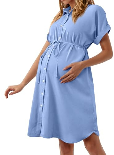 Vuncio Robe Chemise Femme avec Ceinture Boutonnée Devant Maternité Mini Robe Grossesse Ete Manche Courte Grande Taille Ample Enceinte Chic Pas Cher Shooting Photo