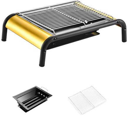 PQPQLI Holzkohlegrill, Tragbarer Quadratischer Kohlegrill, BBQ Grill Tischgrill Für Camping, Garten, Terrasse, Grillen Im Freien(Gold)