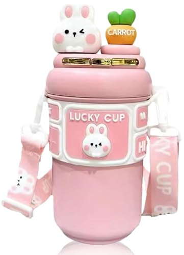 Kawaii Water Bottle 550ml Cute Rabbit Dual Lids Stainless Steel Insulated Water Bottle with Adjustable Strap & Straw Leak-Proof Portable for School Sport Travel