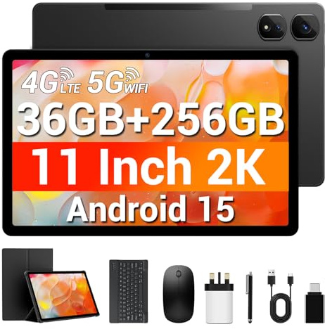 WITECOR Tablet 11 Inch Android 15, 2K FHD Display, 36GB RAM 256GB ROM/1TB Expand, 4G LTE Dual SIM, Octa-Core 2.0GHz, 5G WiFi, 9580mAh,13MP, GPS, GSM, OTG, 2 in 1 Tablets with Keyboard/Mouse/Case/Pen