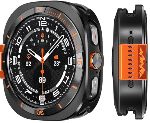 Suphart 2 en 1 Funda Compatible con Samsung Galaxy Watch Ultra 2025/2024 | Robusto Metal Carcasa con Contraportada para Galaxy Watch Ultra 47mm 2025/2024 (Noir/Naranja)