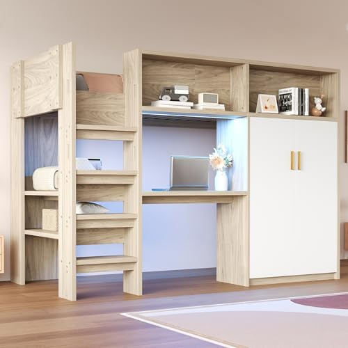 Merax Hochbett 90×200 cm mit Schreibtisch, Kleiderschrank, Regal, Staufächern und LED-Beleuchtung, mit Lattenrost, platzsparendes Kinder- und Jugendbett, Holzfarbe (ohne Matratze)