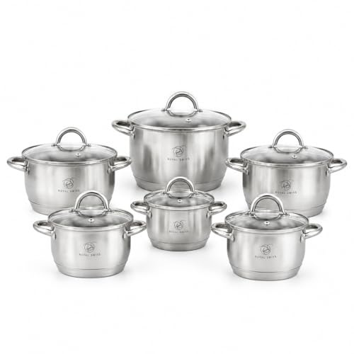 Royal Swiss Edelstahl Topfset Induktion 12-teilig, prime kochtöpfe 5-Schicht-Boden, Cool-Touch-Griffe, spülmaschinenfest, ofenfest, Kochgeschirr für alle Herdarten
