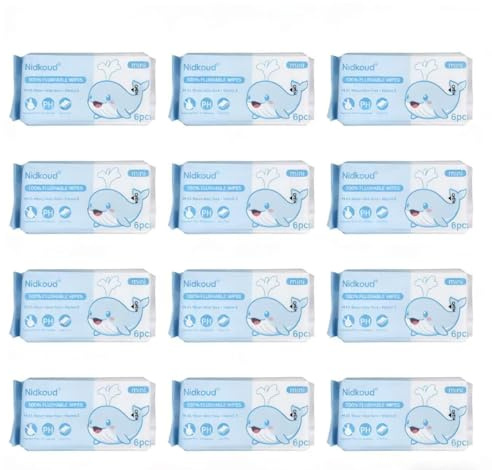 Nidkoud Travel Flushable Wipes, Ultra Soft 15 Pack (90 Wipes) 99.5% EDI Water & Aloe Vera for Gentle Care, Safe for Sensitive Skin & Hypoallergenic, Unscented Mini Travel Wet Wipes for Adults