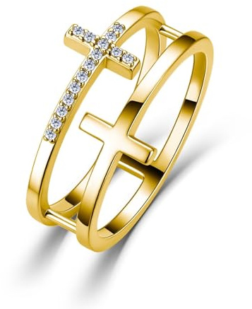 ZUOHUI Damen-Doppelring aus S925-Silber mit 15 x 1 mm großem Moissanit-Kreuz-Design – stapelbarer Alltags- und Abendschmuck