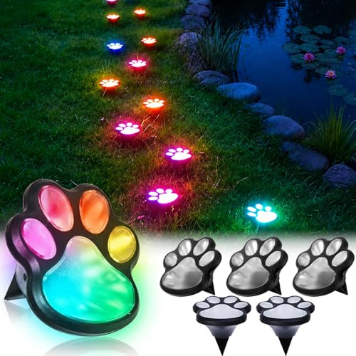 6x Solar Bodenleuchten Außen Gartenleuchten Katzen Hunde Pfoten Solarlampen | Mehrfarbig LED Außenleuchte Garten Aussen Solarleuchten Wasserdicht Gartenbeleuchtung für Rasen Auffahrt Gehweg Patio
