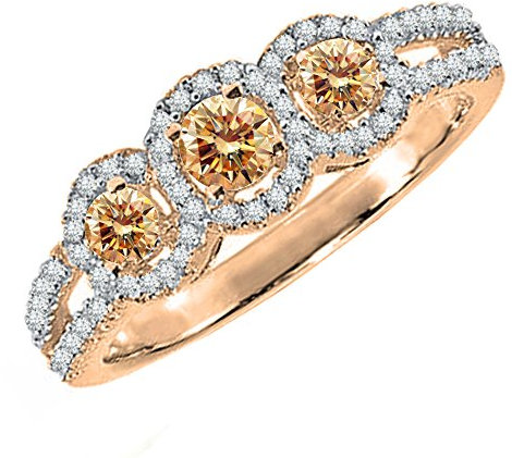 Dazzlingrock Collection 0.50 Carat (ctw) 18K Gold Round Champagne & White Diamond Ladies 3 Stone Engagement Ring 1/2 CT, Rose Gold, Champagne Diamond