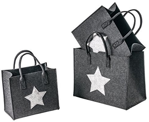 LaFiore24-3er Filztaschen Set mit Sternenmotiv Einkaufskorb Shoppingtaschen Zeitschriften Organizer Aufbewahrungshelfer Deko Handtasche Einkaufstasche Holzkörbe Magazinhalter (dunkelgrau)