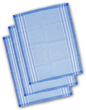 Ross - Geschirrtuch Blümchen mit Nadelstreifen Blau - Halbleine -50x70cm- 3er Pack