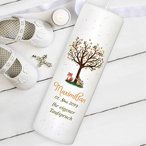 Wandtattoo Loft Taufkerze Mädchen Motiv Baum mit Hase und Fuchs, 25cm x 7cm, personalisierte Kerze, bedruckte Kerze zur Taufe, Stumpenkerze, individuelles Taufgeschenk