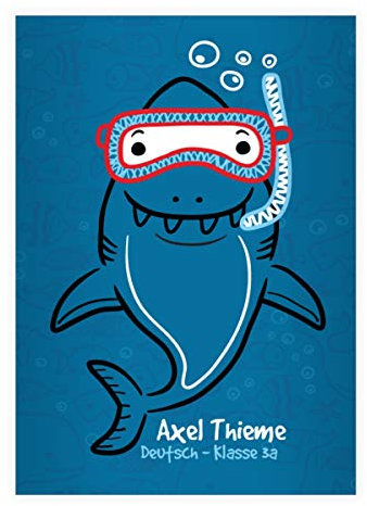 2 personalisierte Lustige Tiefsee Taucher DIN A5 Schulhefte, Rechenhefte mit Comic Haifisch, blau Lineatur 28 (kariertes Heft 16 Blatt/32 Seiten) Notizheft, Kladde für Schule, Universität, Büro