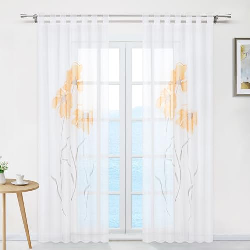 ESLIR Gardinen Vorhänge Gardinenschals Transparent Schlaufenschal mit Blumen Druck Orange BxH 150x245cm 1 Stück