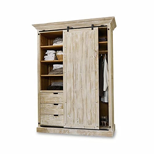 Loberon Schrank Bruna, Landhaus-Stil, Charakteristische Maserung, viel Stauraum, Leichtgängige Schiebetür, Aufbewahrung, Kleiderschrank, Tannenholz, Eisen, antikweiß