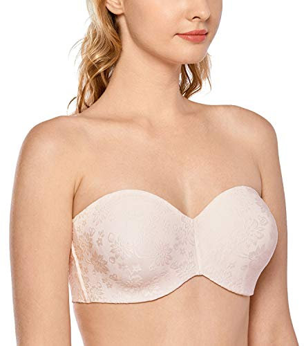DELIMIRA Soutien Gorge sans Bretelles Grande Taille avec Armature Invisible Minimiseur Bandeau Non Rembourré Rose Blanc 105E