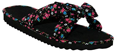 Pretty T Things Ladies Slip On Fabric Flip Flop Mules - Bow Front Mules Flip Flop Sandals Beach Summer Sandals for Ladies - UK Size 3 to 8 (Black Flowers, numeric_7)