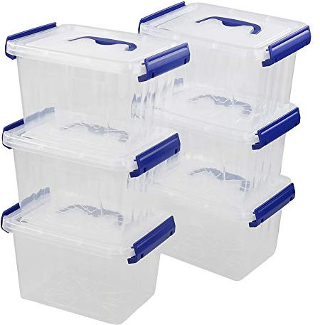 Farmoon Small Clear Storage Box, Plastic Boxes with Lid and Blue Handle, Pack of 6
