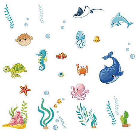 Runtoo Wandtattoo Unterwasserwelt Wandsticker Meerestiere Fisch Wandaufkleber Bad Kinderzimmer Babyzimmer
