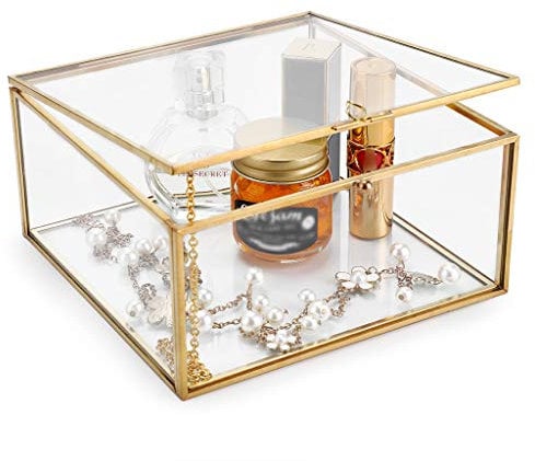 SUMTree Schmuckschatulle aus Metall und Glas Schmuckbox mit Deckel Schmukkiste Schmuckkoffer Schmuckaufbewahrung für Schmuck, Ringe, Armbänder, Heimdekoration Geschenk für Damen (Quadrat)