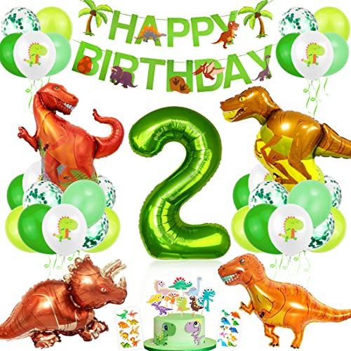 Dino Geburtstag Deko 2 Jahre, XXL Dino Luftballons Geburtstag 2, Geburtstagsdeko Jungen 2 Jahre Dinosaurier, Folienballon 2 Dino Ballons Grün für Kindergeburtstag Dinosaurier Partyset Dekoration