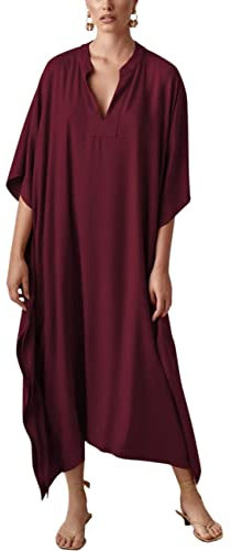 Bsubseach Women Jujube Red Silky Kaftan Dresses Batwing Sleeve Swimsuit Cover Up V Neck Caftan Maxi Dress Summer