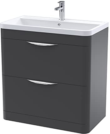 nuie FPA1404A Parade Modern Bathroom Floor Standing 2 Drawer Vanity Cabinet with Ceramic Basin, 800mm, Soft Black, Small