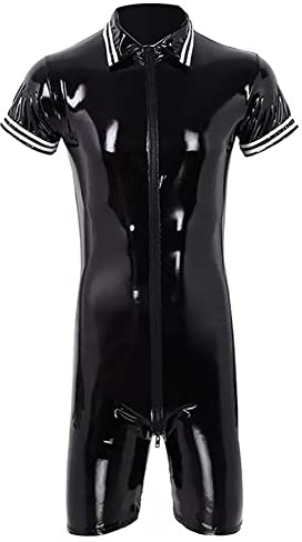 Maeau - Mens Catsuit Leather Jumpsuit Latex Bodysuit Mens Faux Leather Tank Top Wet Look Leotard