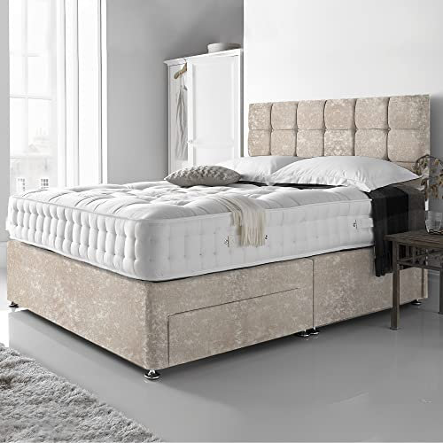 DBZ BEDS Reinforced Double Bed Set 4 FT 6 with 2000 Series Mattress - Champagne Crushed Velvet Divan Beds Set with Various Storage Options – 26 Inch Headboard with Chrome Glider Feet (Double)