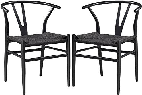 Yaheetech 2-er Set mittelalterliche Esszimmerstühle Y-Stuhl Rattan Sessel Lehnstuhl mit Gewebtem Sitz, Armlehnenstuhl, Full schwarz