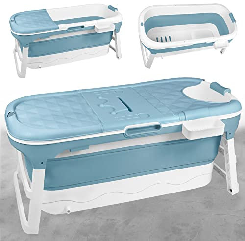 JNGLGO Bañera plegable para adultos XL 128 x 62 x 53 cm, Bañera portátil plegable con tapa, reposacabezas y rodillo de masaje, bañera plegable para baño