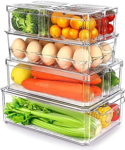 IVODEELA Stackable Fridge Organisers with Lids,8 Packs Fridge Storage Organiser Bins,Stackable Freezer Storage Boxes with Egg Tray,Clear Food Containers Set for Kitchen,Pantry,Cabinet