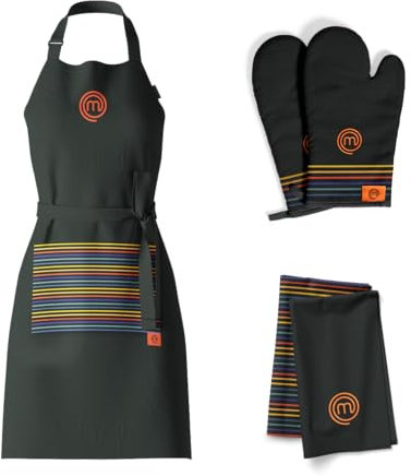 MasterChef Set di Strofinacci Cucina, Grembiule et Guanti Cucina, 100% Cotone, Motivo a Righe Multicolore, Lavabile in Lavatrice, Resistente al Calore, Logo Ricamato