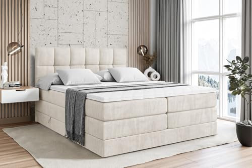 ALTDECOR Boxspringbett mit Matratze und Lattenrost, Topper, Polsterbett mit Bettkasten, Bett mit Stauraum H3- und H4- Matratze, Doppelbett, Springboxbett RICAR King 160x200 - Beige Samt