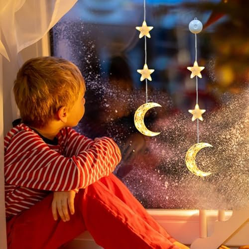 Weihnachtsdeko Sterne Lichterkette 2 Stück LED Weihnachtsbeleuchtung Stern Weihnachtsdeko Fenster Batteriebetriebene mit Saugnäpfe, Warmweiß Weihnachtsstern Innen für Weihnachten Deko, Balkon (Mond)