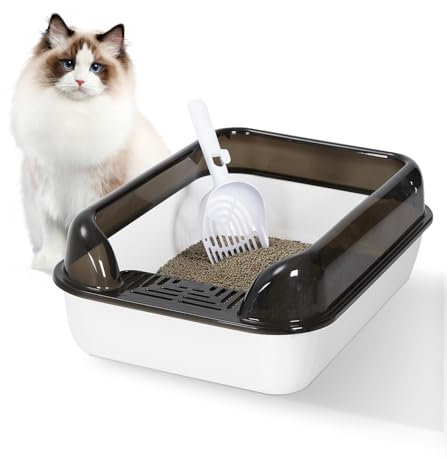 Fellie High Sided Anti-Spillage Cat Litter Box - Easy to Clean with Litter Scoop, Open Top Kitten Tray (51x34.5x17cm, White)