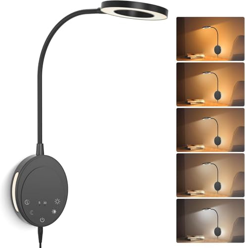 NoeiiT Wall Mounted Reading Light,Bedside Headboard Lights with 5 Color Temperature &5 Dimming,360°Flexible Gooseneck,USB Output, Night Light&Timer Function- Perfect for Reading (Black)