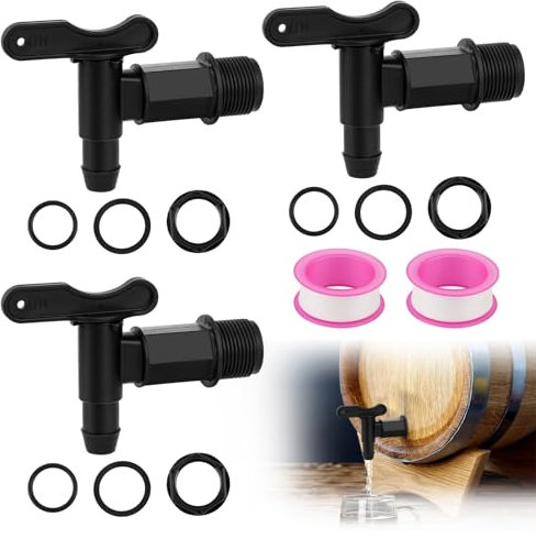3 Stück Auslaufhahn für Regentonne, Wasserhahn 3/4 Zoll Kunststoff Ersatzhahn, Schwarz Auslaufhahn Regentonne mit Dichtung Kontermutter Dichtband, Wasserhahn Regentonne für Tanks Gärkübel