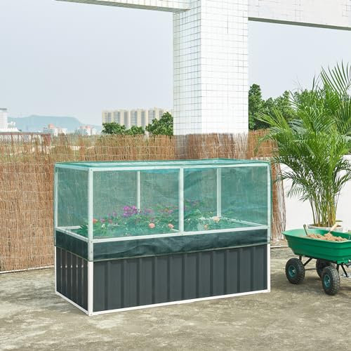 [en.casa] Hochbeet Alblasserdam Blumenbeet mit Abdeckung 174 x 90 x 118 cm Gartenbeet mit Netz Handschuhe Gewächshaus für Garten Metall Kräuterbeet Anthrazit